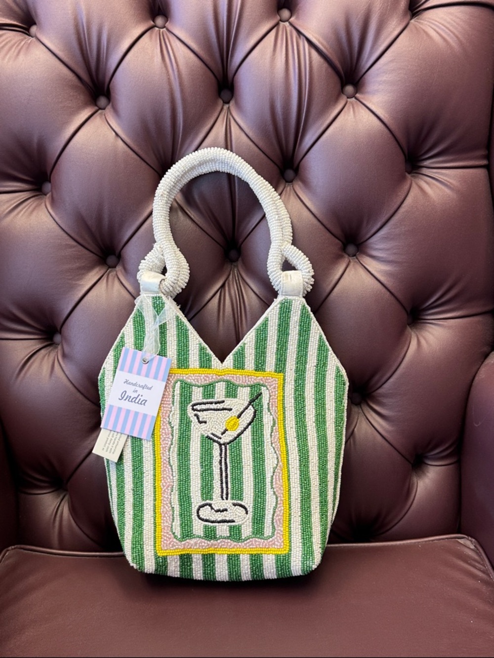Green Striped Beaded Tote with Cocktail Motif